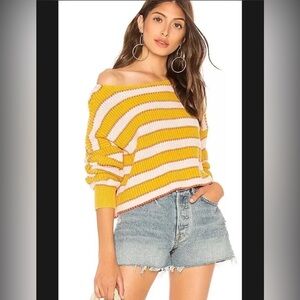 Free People Yellow and White Off-the-Shoulder Sweater